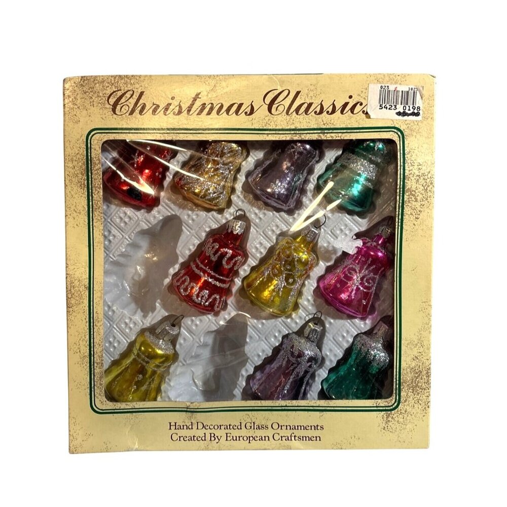 Glass Christmas Bell Ornaments By European Craftsmen Set Of 10 Hand Decorated